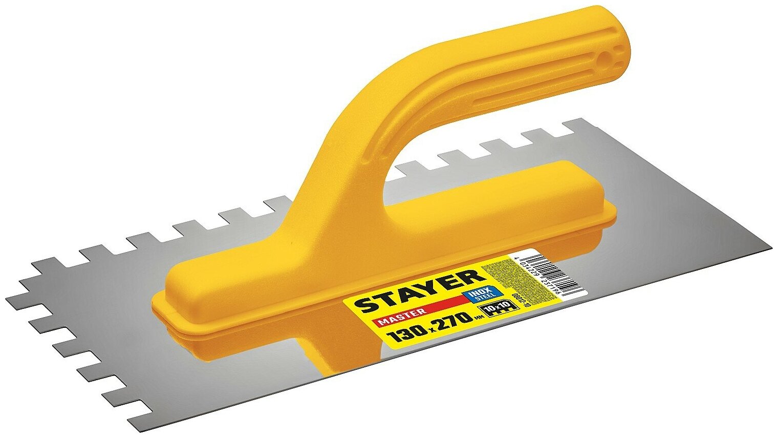 фото STAYER Master 130х27 0мм, 10х10 мм, гладилка штукатурная зубчатая нержавеющая с пластиковой ручкой
