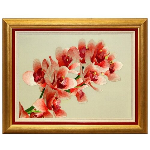 Картина вышитая шелком Ветка орхидеи ручной работы /см 50х40х3/в багете