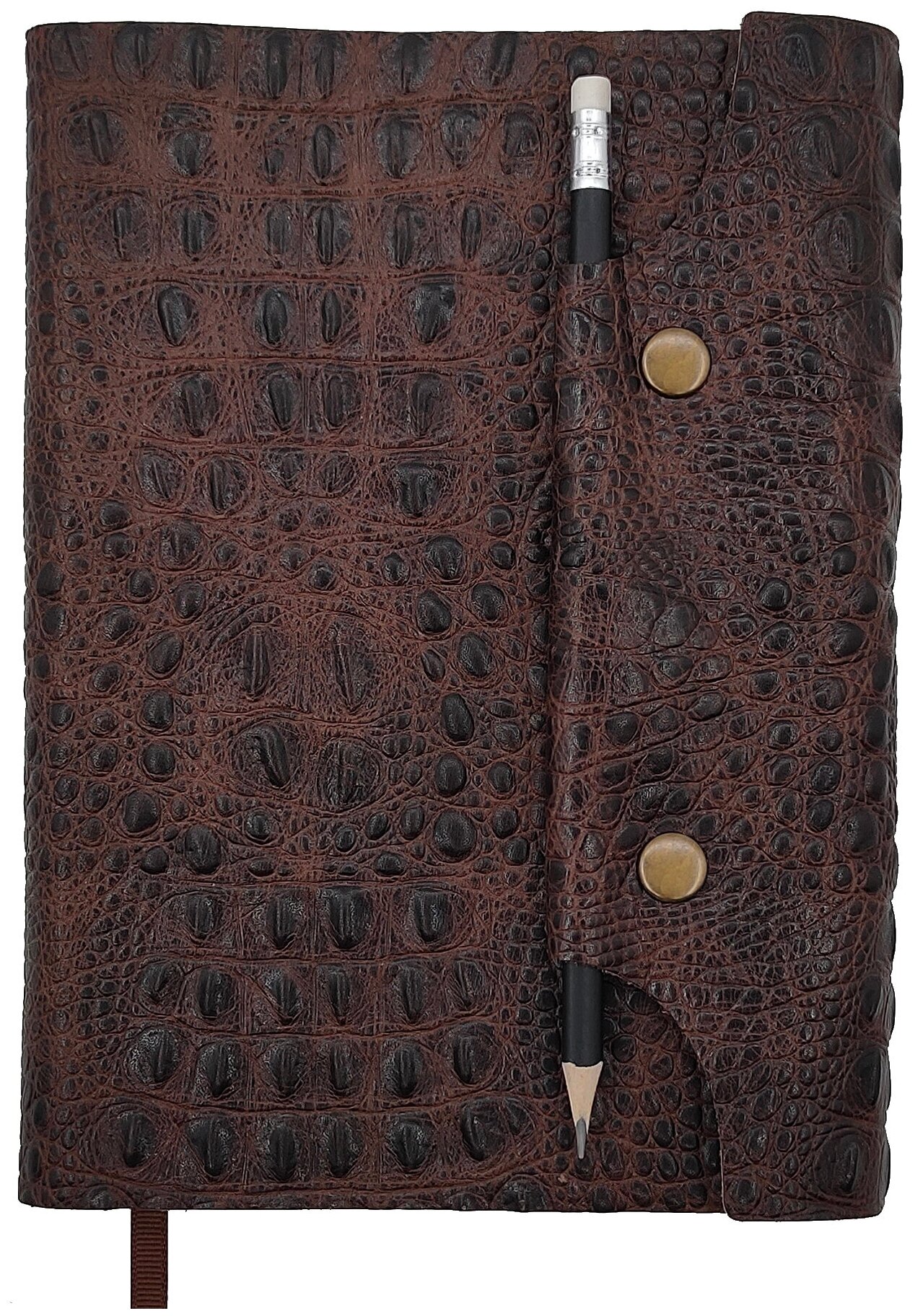 Коричневый кожаный ежедневник Shiva Leater с текстурой "Крокодил", с застежкой на две кнопки и отделением для карандаша