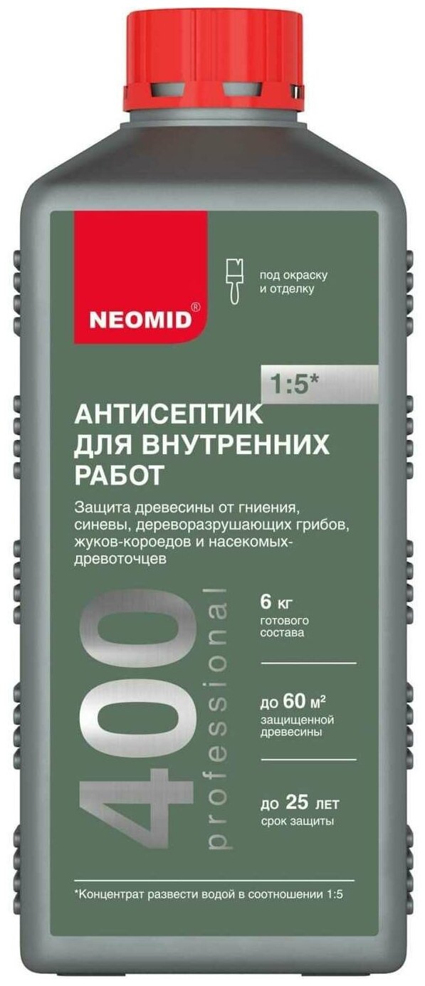 Биоцидная пропитка NEOMID (неомид) 400 Антисептик для внутренних работ концентрат 1:5, бесцветный, 1 л - фотография № 1