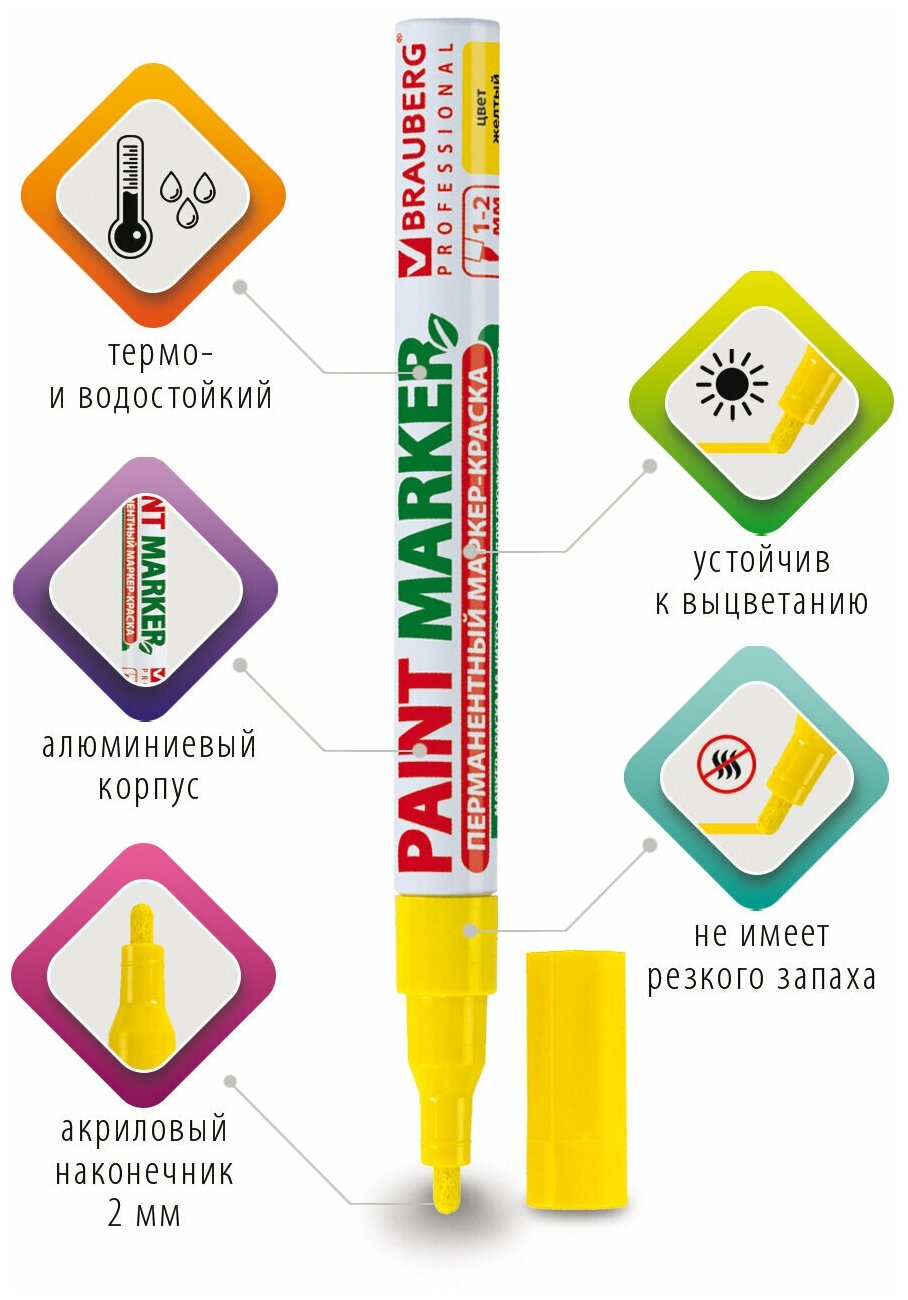 Маркер-краска Brauberg лаковый 1-2 мм, желтый, нитро-основа, алюминиевый корпус (150863) - фотография № 8
