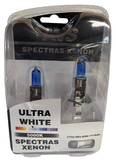 Лампа автомобильная галогенная H1 AVS Spectras Xenon 5000К /белый свет/ увеличенной яркости (75W) + 2 лампы Т10 диодные в подарок