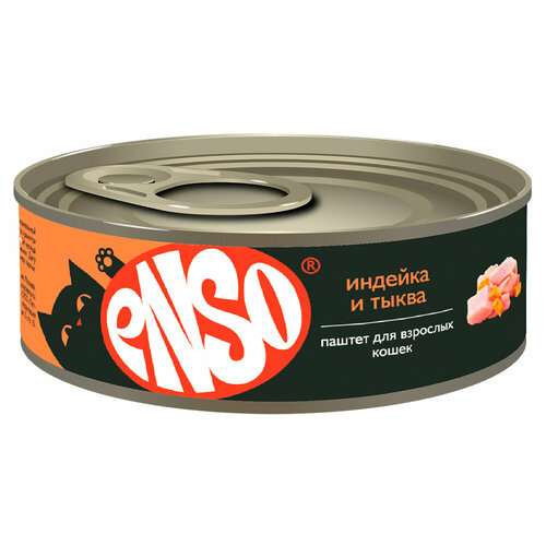 ENSO Корм консервированный полнорационный для взрослых кошек, паштет с индейкой и тыквой, банка 100г 24шт