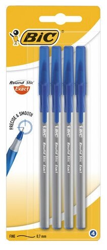 Ручки шариковые с грипом BIC "Round Stic Exact", набор 4 шт, Синие, линия письма 0,28 мм, блистер, 932857
