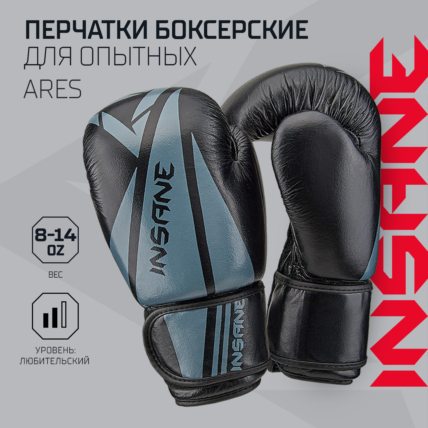 Перчатки боксерские INSANE ARES IN22-BG300, кожа, черный, 12 oz