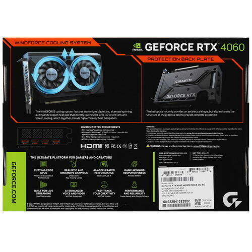 Видеокарта GIGABYTE GeForce RTX 4060 WINDFORCE OC 8GB (GV-N4060WF2OC-8GD)