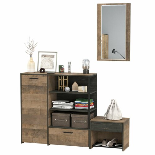 Обувница с ящиком с комодом и зеркалом Трувор, цвет дуб гранж песочный/интра, ШхГхВ 159х36,7х195 см, универсальная сборка