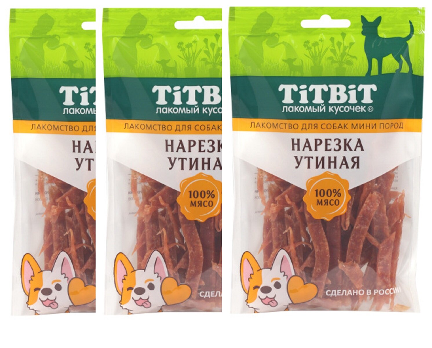 TiTBiT Лакомство для собак мини пород Нарезка утиная 70г(3шт)