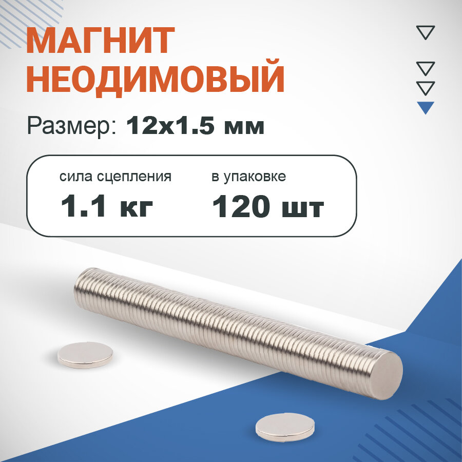 Неодимовый магнит диск 12х1.5 мм, 120шт, Forceberg