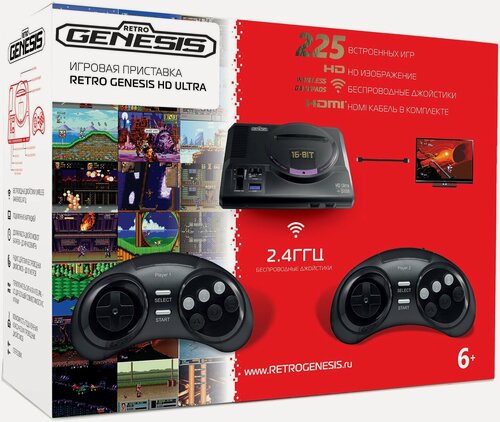 Изображение товара Игровая приставка SEGA Retro Genesis HD Ultra + 225 игр ZD-06b (2 беспроводных 2.4 ГГц джойстика, HDMI кабель)