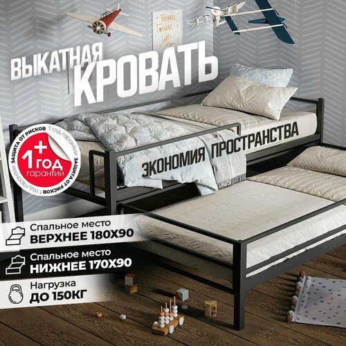 Двухъярусная кровать выдвижная, спальное место 180х90, металлическая, черная Урбан Мебель