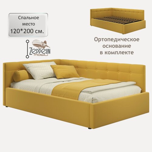 Изображение товара Кровать-тахта угловая Bonna 120х200 желтая ортопедическая, мягкая спинка из велюра, с ламелями