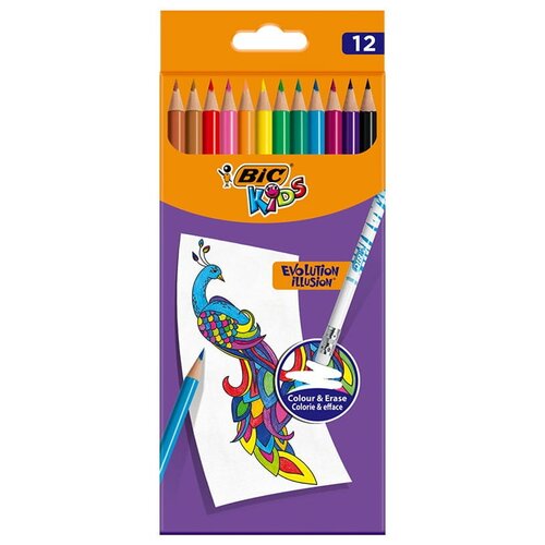BIC Цветные карандаши Evolution Illusion, 12 цветов (987868), 12 шт. карандаши цветные стираемые с резинкой 12 цветов bic kids evolution illusion круглые 987868