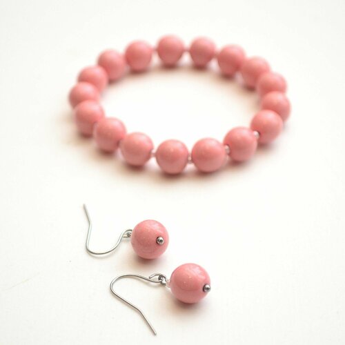 серьги шарики мятного цвета Комплект бижутерии Tularmodel: серьги, браслет, размер браслета 21 см, розовый
