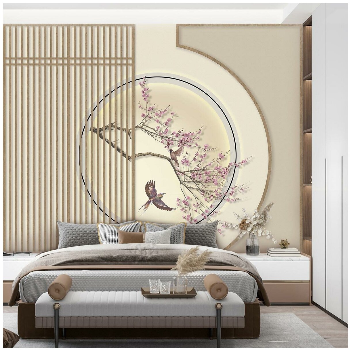 Фотообои флизелиновые с виниловым покрытием VEROL "Цветы сакуры и птицы", 300х283 см, моющиеся обои на стену, декор для дома