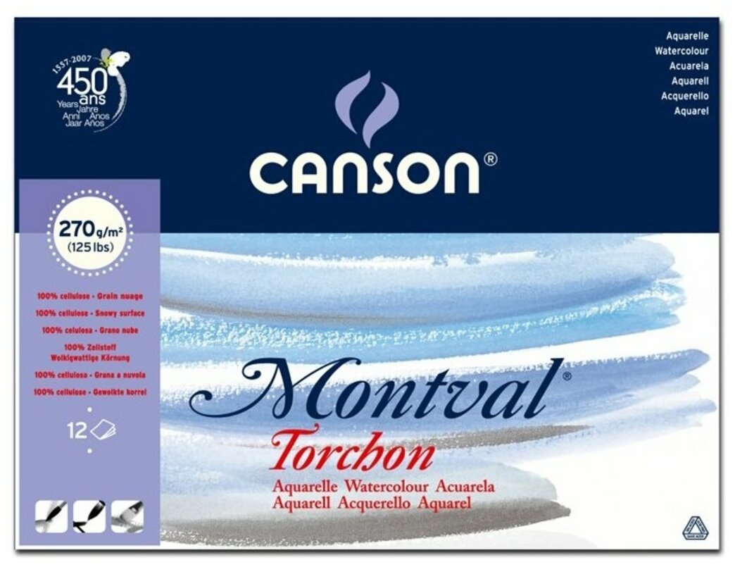 Бумага для акварели Canson Альбом для акварели Montval CANSON, 270г/м2, 18х25см, Снежное зерно, склейка 12 листов