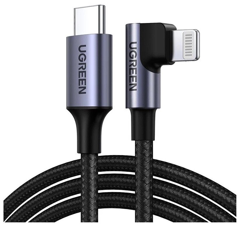 Кабель угловой US305 (60763) UGREEN USB-C to Lightning Angled Cable Aluminum Shell Braided. Длина 1 м. Цвет: черный