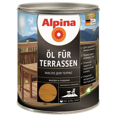 фото Лессирующий состав alpina oel fuer terrassen mittel, масло для террас и садовой мебели, средний тон, 0,75 л