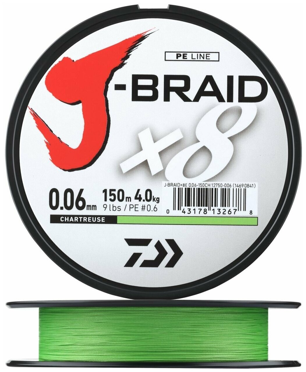 Плетеный шнур для рыбалки Daiwa J-Braid X8 #0,6 0,06мм 150м (chartreuse)