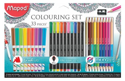 Набор для творчества MAPED "Colouring Set", 10 фломастеров, 10 капиллярных ручек, 12 двусторонних цветных карандашей, точилка, 897417