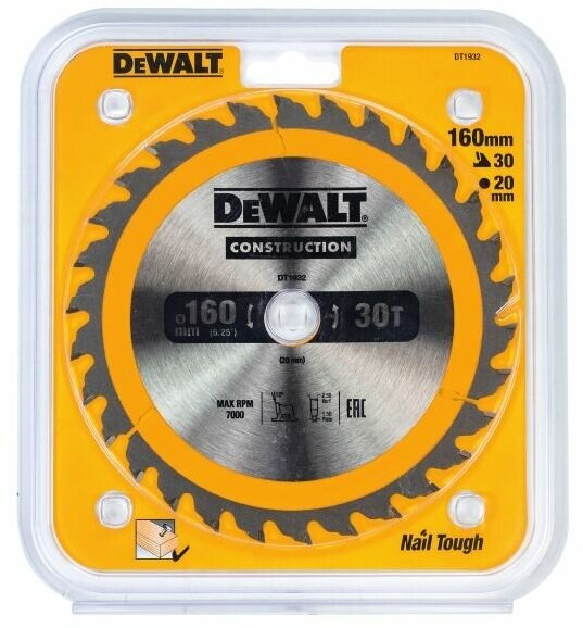 Пильный диск DEWALT CONSTRUCTION DT1932, 160/20 мм.