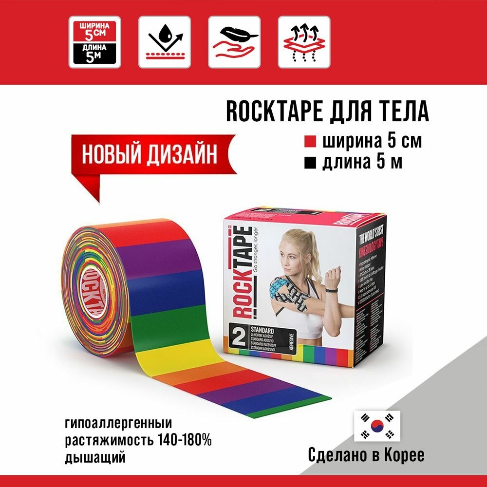 Кинезиотейп Rocktape 5 см х 5 м, радужный