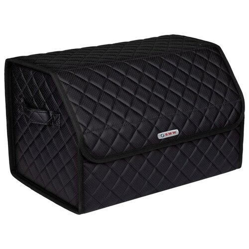 фото Сумка-органайзер в багажник автомобиля из перфорированной экокожи черная с черной нитью vicecar с логотипом bmw (черный кант)