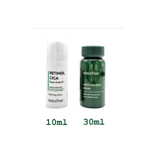 Набор миниатюр увлажняющих с ретинолом и зеленым чаем INNISFREE Green Tea Seed Serum & Retinol Cica Repair Ampoule Duo Kit 30ml+10ml