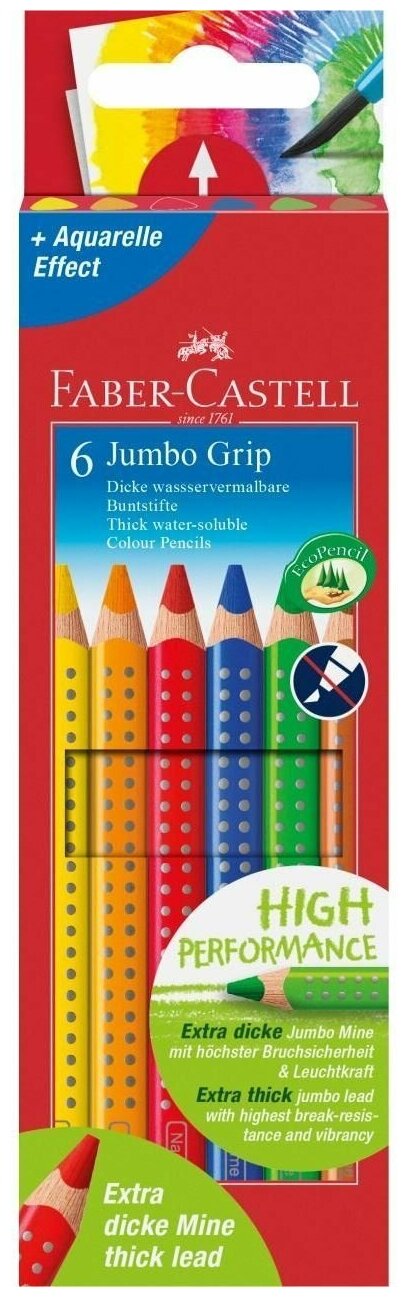 Карандаши цветные Faber-Castell "Jumbo Grip", 06цв., трехгр., утолщен., заточен., картон, европодвес