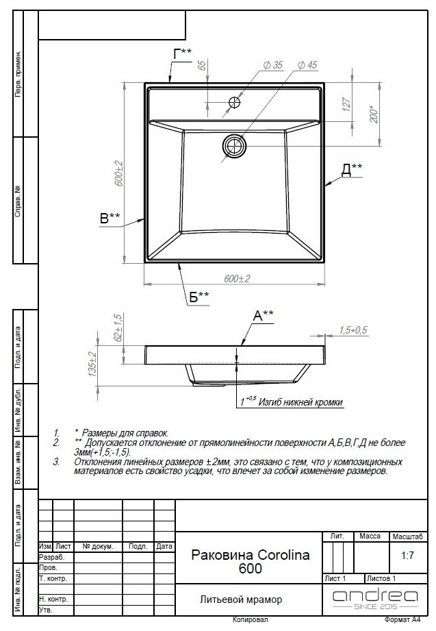 Умывальник "Каролина" 60*60 ш*г (Andrea) над стиральной машиной без перелива - фотография № 3