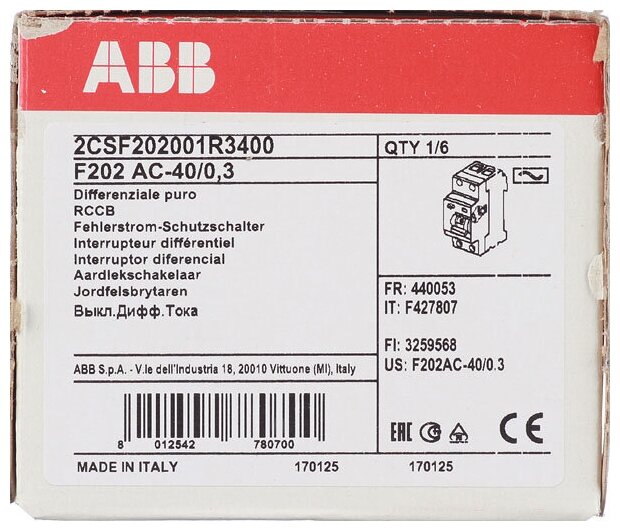 F202 AC-40/0,3 2CSF202001R3400 Выключатель дифференциального тока двухполюсный 40A 300мА (тип АС) ABB - фото №4