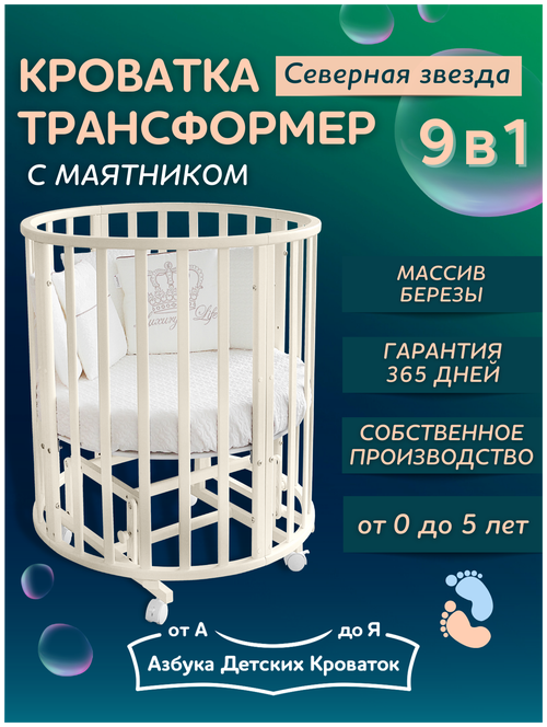 Детская кроватка для новорожденного трансформер 9в1 Северная Звезда с маятником, круглая люлька 75*75, овальная 125*75, Азбука Кроваток, слоновый