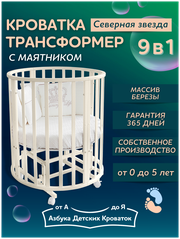 Детская кроватка для новорожденного трансформер 9в1 Северная Звезда с маятником, круглая люлька 75*75, овальная 125*75, Азбука Кроваток, слоновый