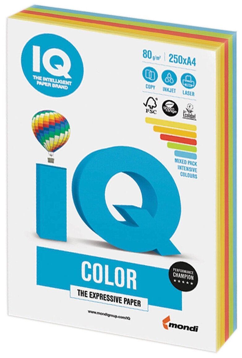 Бумага цветная IQ color, А4, 80 г/м2, 250 л., (5 цветов x 50 листов), микс интенсив, RB02