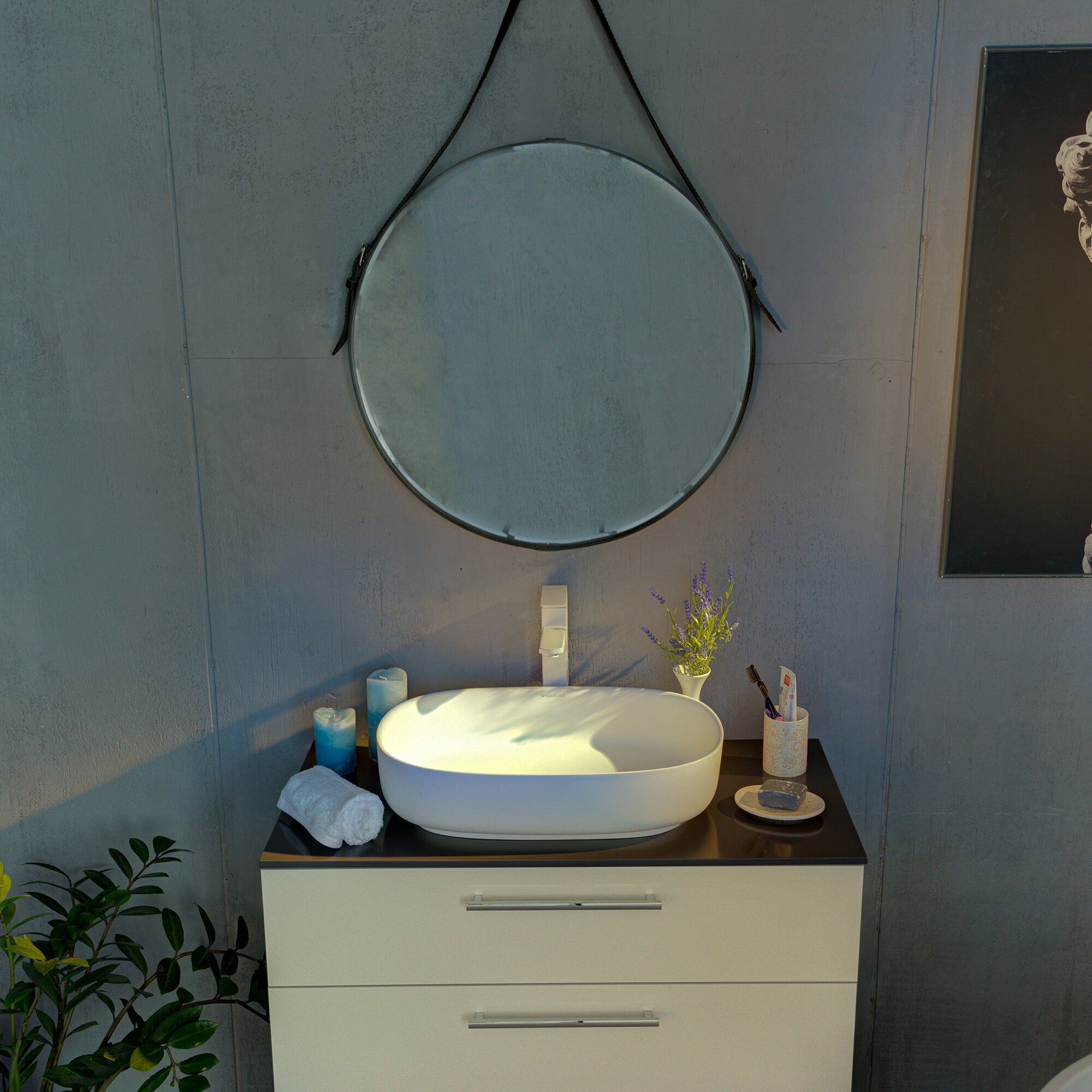 Раковина для ванной матовая из искусственного камня, накладная, Montebianco Conca 540 - фотография № 5