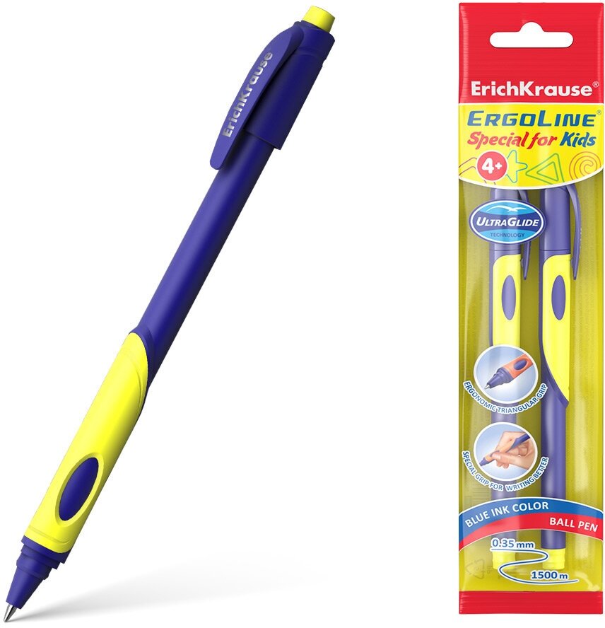 Ручка шариковая ErichKrause® ErgoLine Kids, Ultra Glide Technology, цвет чернил синий (в пакете по 2 шт.) желтая грип-зона