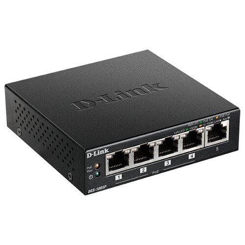 Коммутатор D-Link (DGS-1005P/A1A) Неуправляемый, 5 ports 10/100/1000Base-T, PoE-бюджет 60 Вт