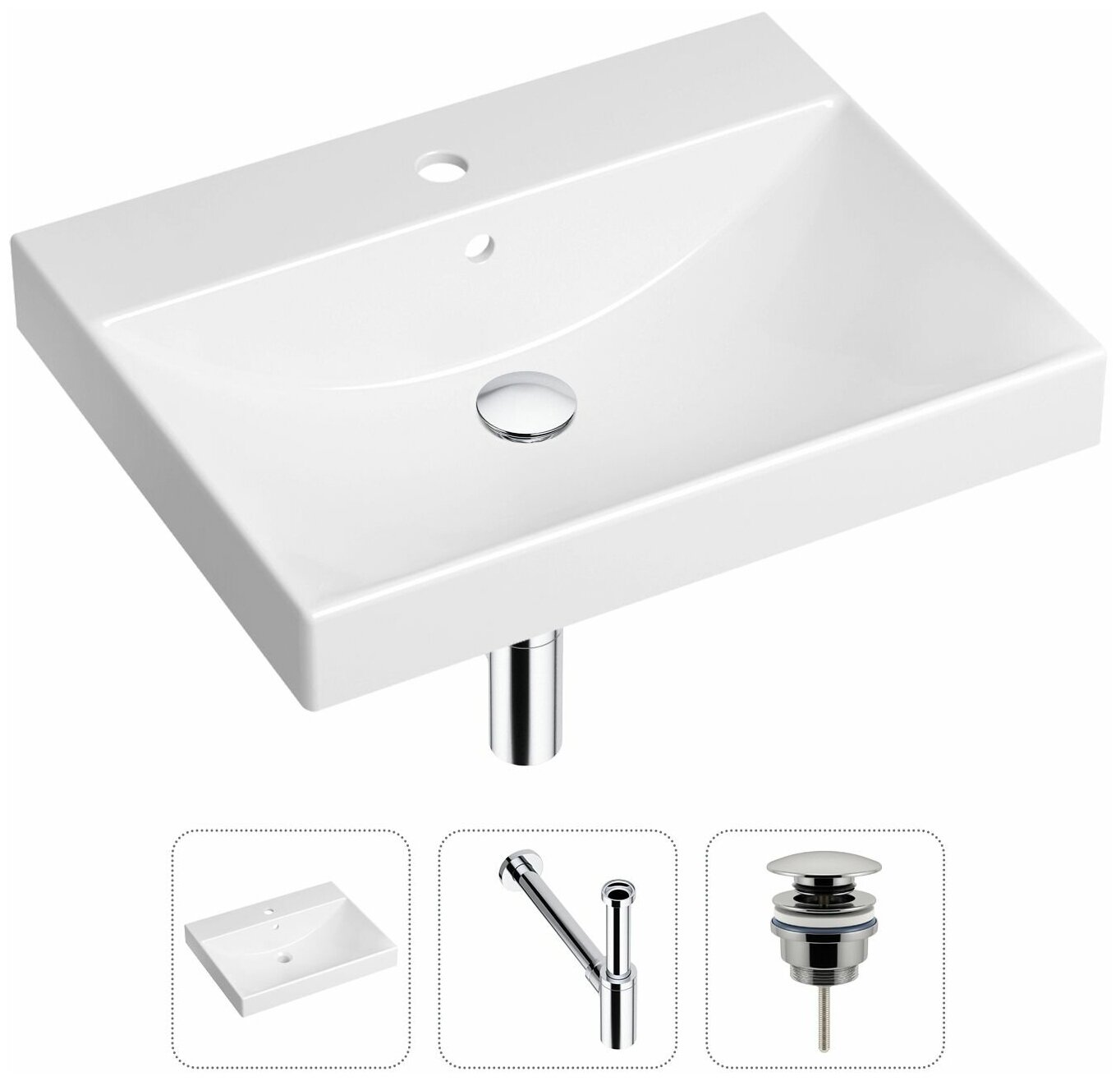 Врезная раковина в ванную Lavinia Boho Bathroom Sink 21520547 в комплекте 3 в 1: умывальник белый, донный клапан и сифон в цвете хром