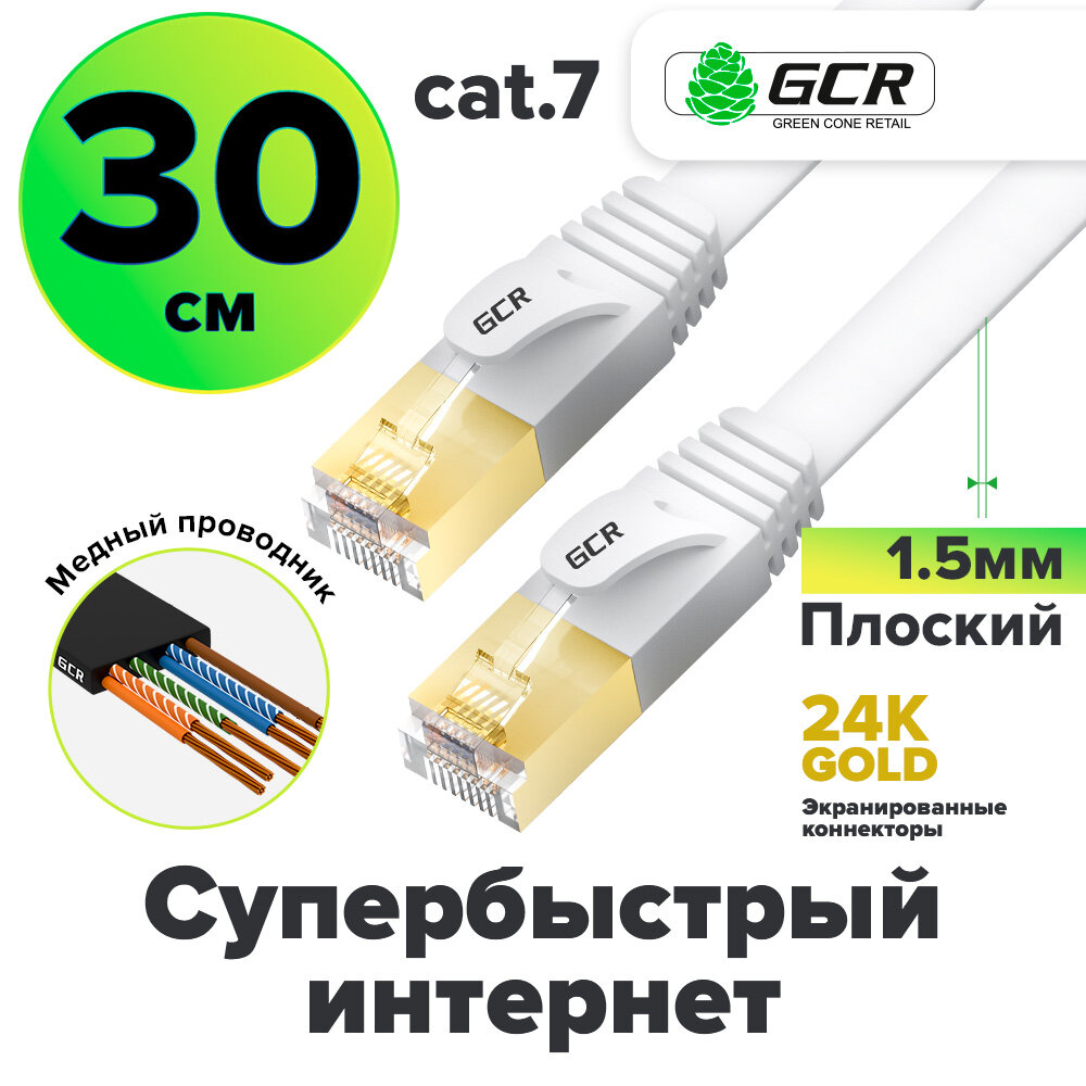 LAN кабель плоский cat.7 FTP 10 Гбит/с RJ45 экранированные коннекторы 24K GOLD (GCR-L304) белый 0.3м