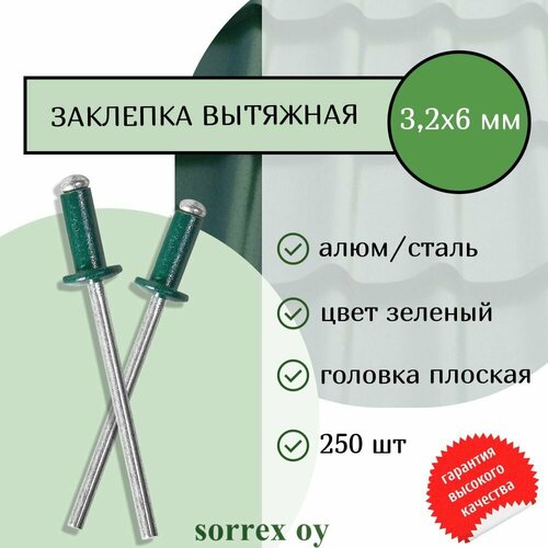 Заклепка вытяжная цветная алюминий/сталь 3,2х6 крашеная RAL 6002 для профнастила и забора Sorrex OY (250штук)