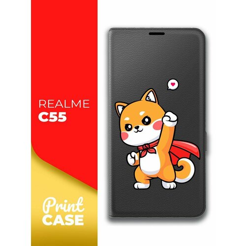 Чехол на Realme C55 (Реалми С55) черный книжка эко-кожа с функцией подставки с отделением для карт магнит Book case, Miuko (принт) Котик Супермэн чехол на realme c55 реалми с55 черный книжка эко кожа с функцией подставки отделением для пластиковых карт и магнитами book case miuko