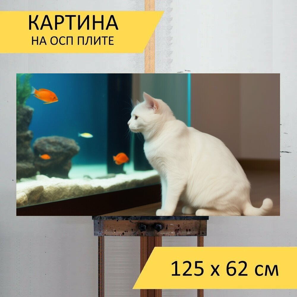 Картина на ОСП для любителей животных "Домашние питомцы коты с рыбками" 125x62 см. для интерьера на стену
