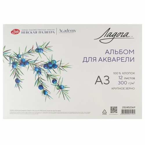 Альбом для рисования Невская палитра Ладога, А3, 100% хлопок, крупное зерно, 12 листов