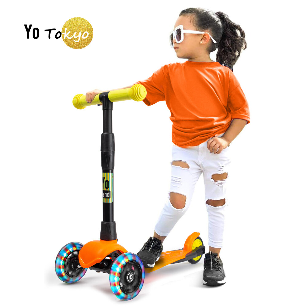 Самокат детский трехколесный Yo Tokyo стильный легкий бесшумный 3-колесный светящиеся колеса, оранжевый-желтый
