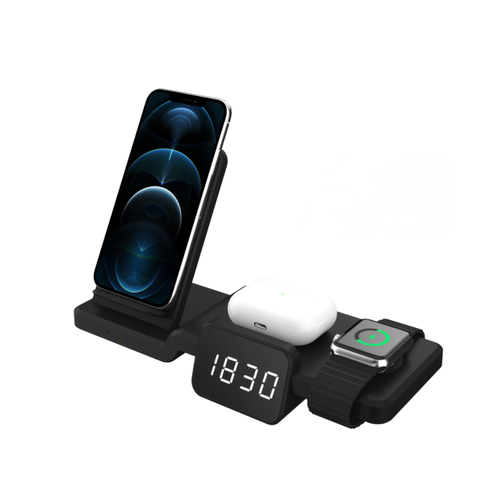 Беспроводное зарядное устройство 4 в 1 MyPads A158-071 с крупными часами для IPhone 12/13/Pro Max/mini и телефонов с беспроводной зарядкой 15W Часо.