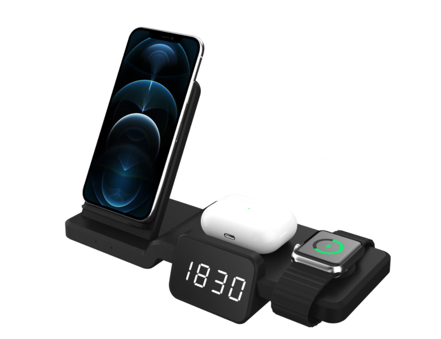 Беспроводное зарядное устройство 4 в 1 MyPads A158-071 с крупными часами для IPhone 12/13/Pro Max/mini и телефонов с беспроводной зарядкой 15W Часо.