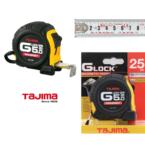 Рулетка TAJIMA G-Lock Magnet GM550MY 5м/25мм с магнитом, обрезин. корпус рулетка g5p50mt tajima g lock 5м 25мм цвет черно желтый обрезин корпус двухсторонняя лента