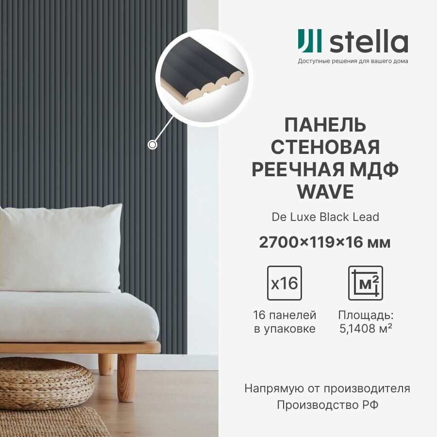 Панель Стеновая Реечная МДФ Stella Wave De Luxe Black Lead 2700х119х16 (упаковка 16 штук)