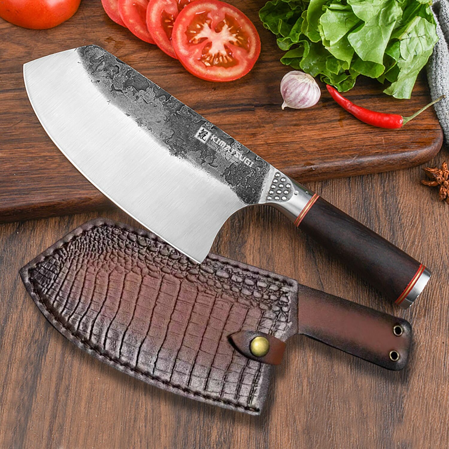 Kimatsugi / Японский кухонный нож-топорик / Нержавеющая сталь AUS-8 / Длина лезвия 17.5 см / Кожаные ножны в комплекте