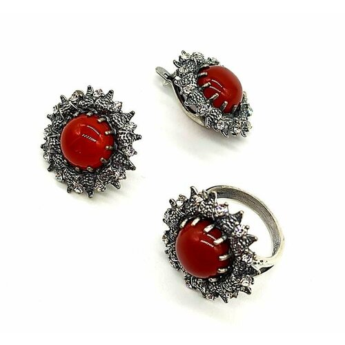 Комплект бижутерии ForMyGirl: серьги, кольцо, сердолик, размер кольца 18, красный безразмерное кольцо с натуральным сердоликом